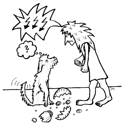  Scherben, Blitze, Fragezeichen Kommunikation Mensch und Hund als Zeichnung
